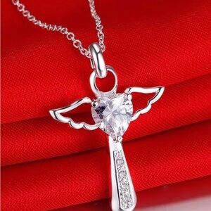 Sterling Silver Angel Pendant Necklace with Heart CZ - Silver